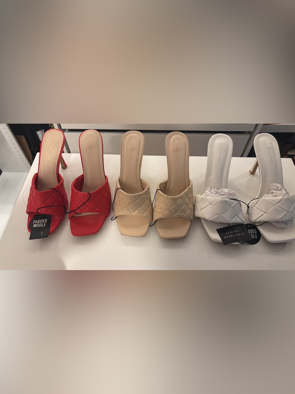 Quilted Square-Toe Mules in Red, Beige & White - Women's